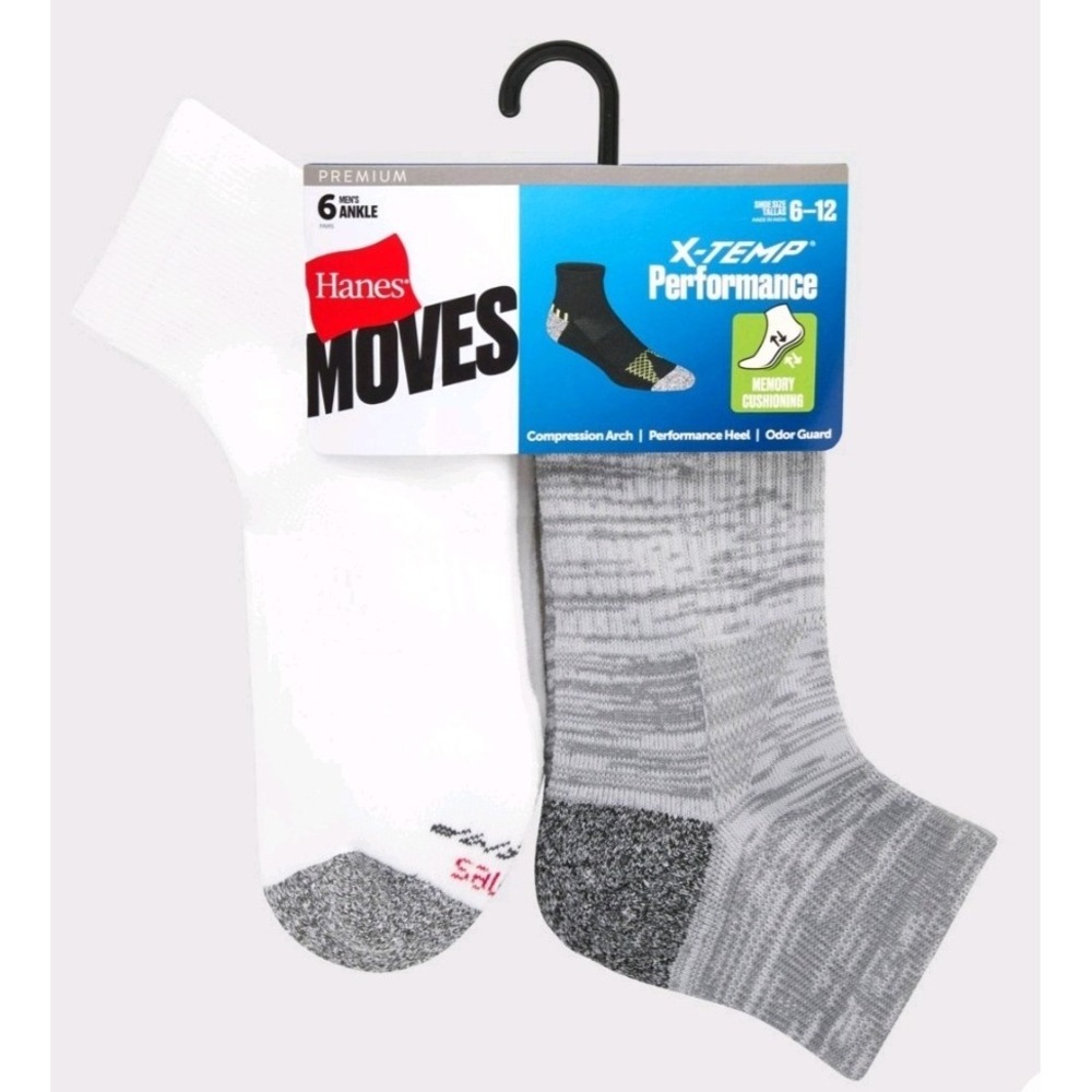 Hanes Moves Premium Ankle Socks 6 Pairs‎ Mens X-Temp Performance White/Gray